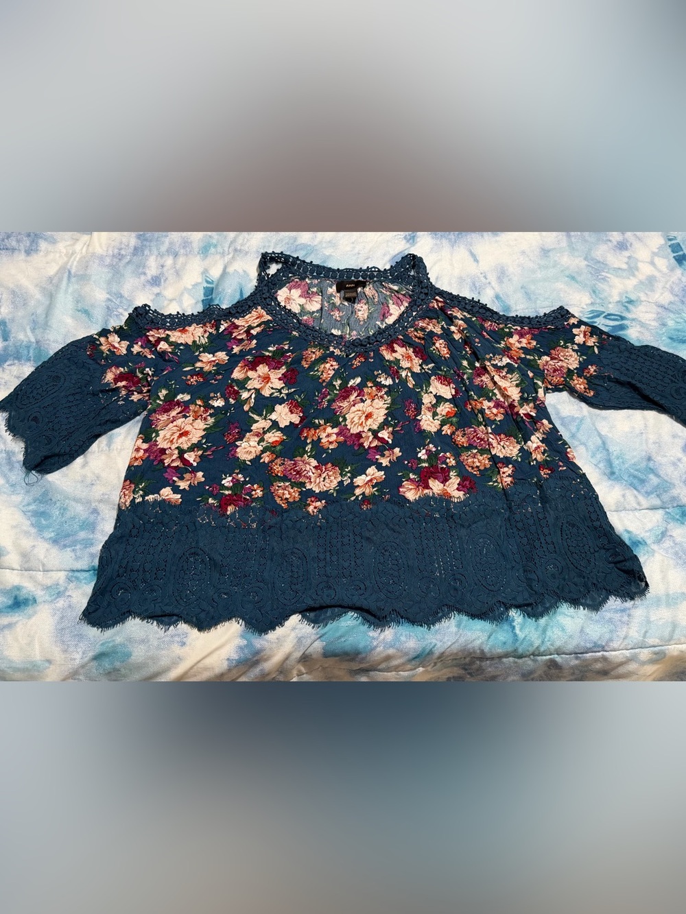 Floral Cold-Shoulder Crochet-Trim Blouse in Teal